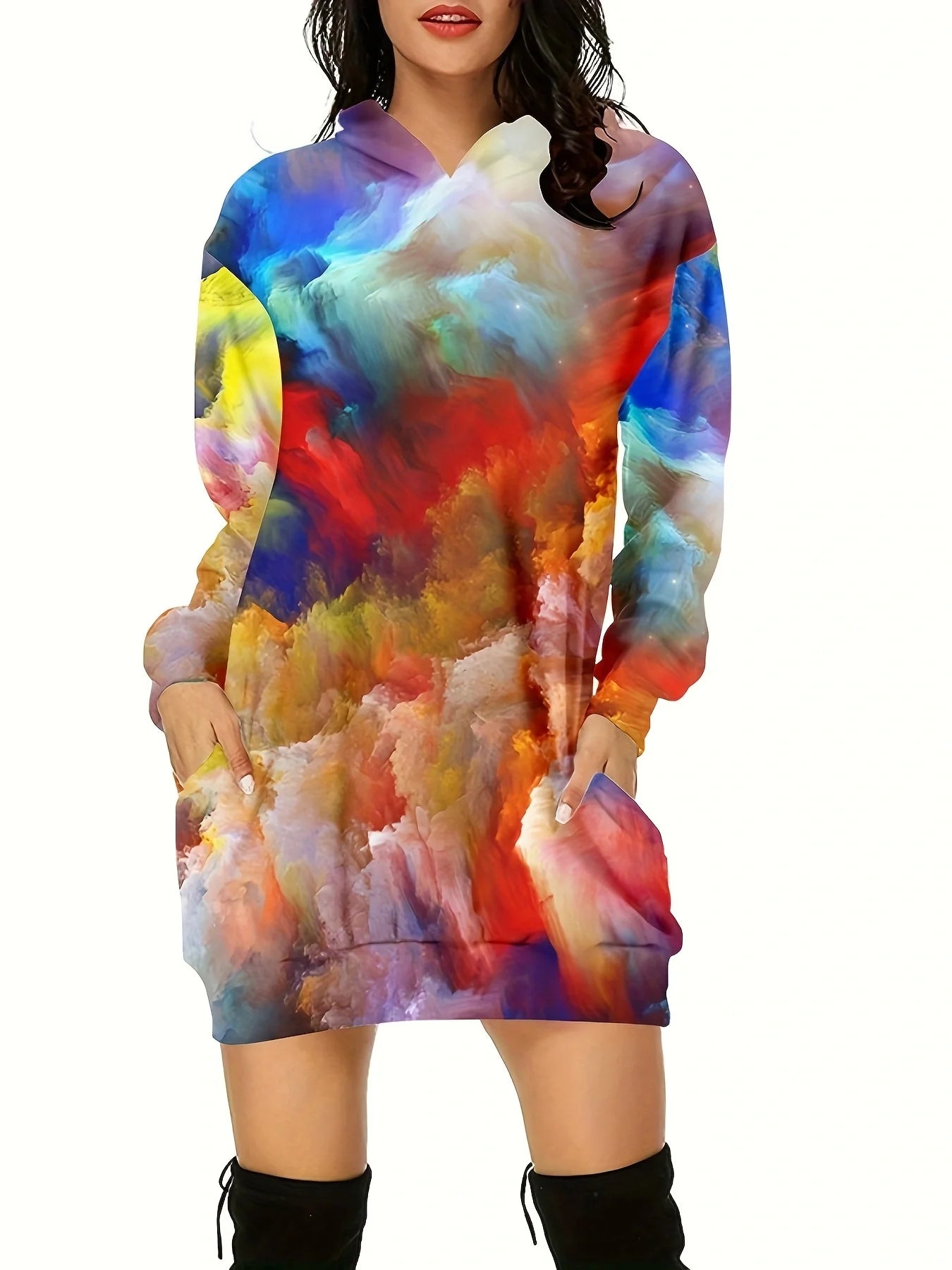 Colorful 3D Pattern Printed Hooded Dress, Long-sleeved