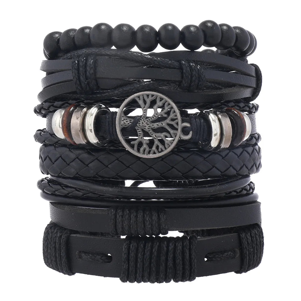 Casual Bead 6 Pc/set Tree Black Khaki Handmade Men Bracelets Male Women Leather Bracelets Men Bangle