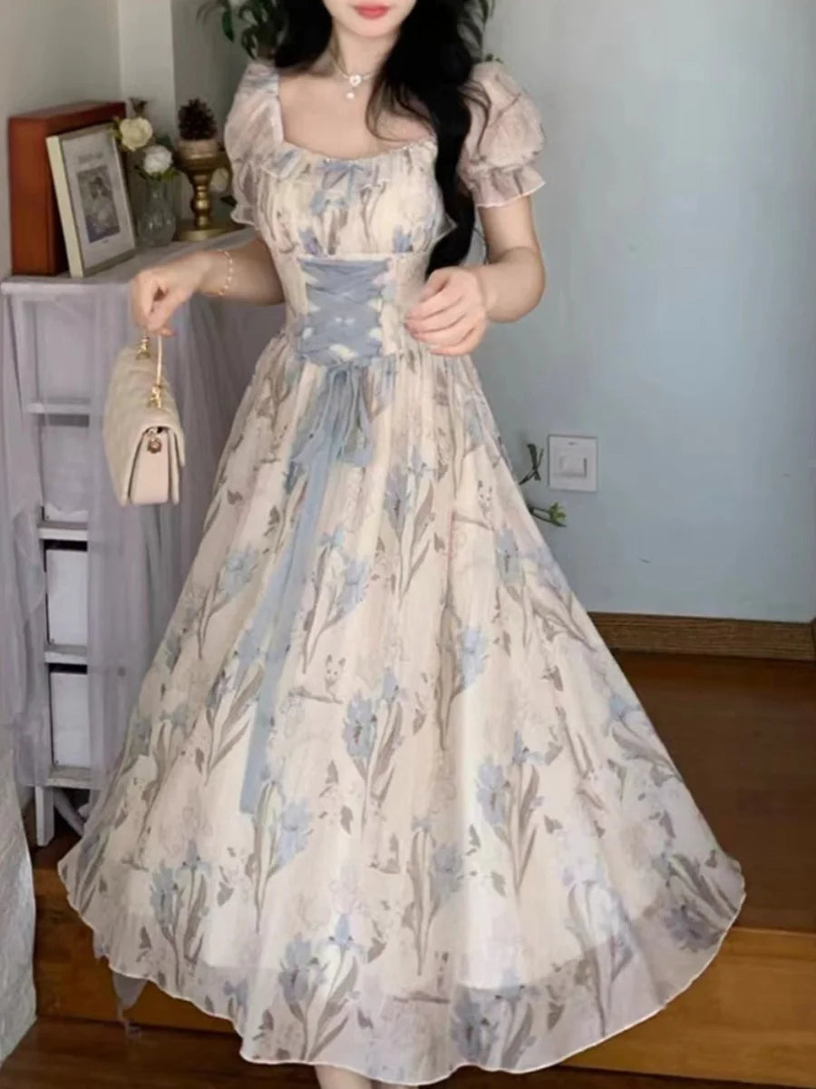 Vintage Floral Midi Dress Ruffles Design Casual  Lace-up