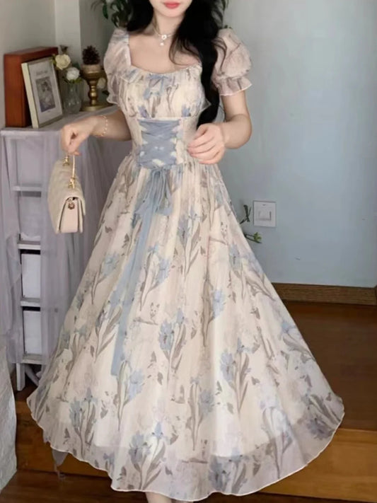 Vintage Floral Midi Dress Ruffles Design Casual  Lace-up
