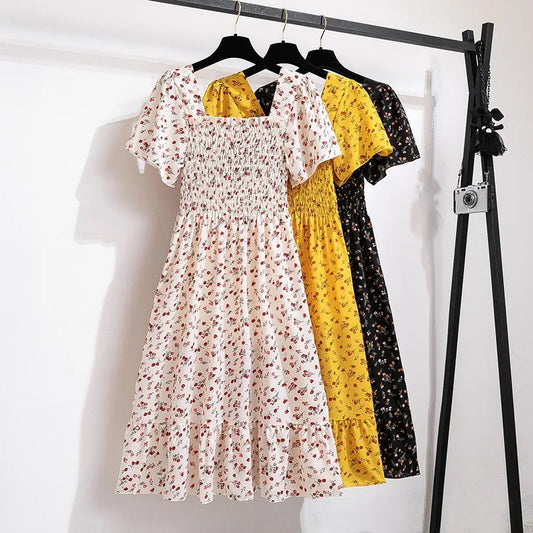 Spring Summer Chiffon Dress Women Midi Dresses Female Short Sleeve Elastic Waist Printed Floral Pleated  Casual Dress