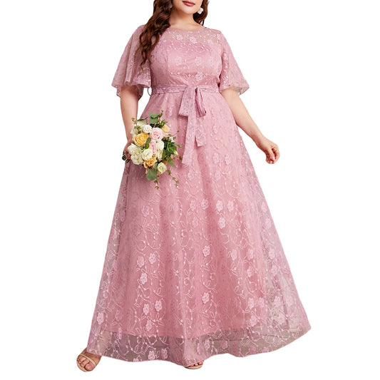 Round-Neck Short Sleeve Solid Print Maxi Dress with Belt