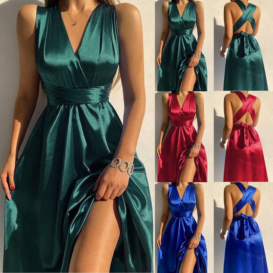 Sexy Deep V-neck Halter Neck Prom Dress for Women Fashion Elegant Satin Backless Sleeveless Evening Party Dress Female