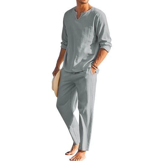 Men's Summer Cotton Linen Clothes Solid Color Long Sleeve Henley Shirt Elastic Waist Drawstring Pants 2 Pieces Loungewear Set