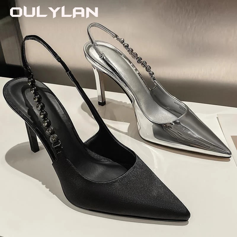 Metallic Crystal Sandals Shiny High Heels Sling back Silver Stiletto Heeled Shoes Party Dress Shoes