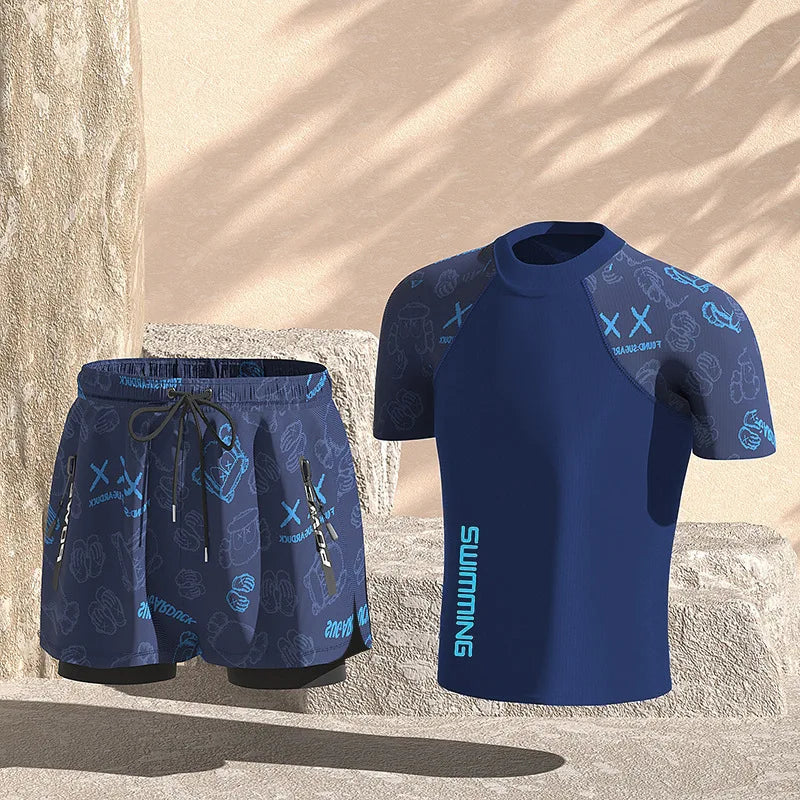 Men Professional Water Sports Competitive Swim Shirts+Trunks Glasses Cap Quick-Drying Beach Surfing Bathing Shorts Goggles Hat