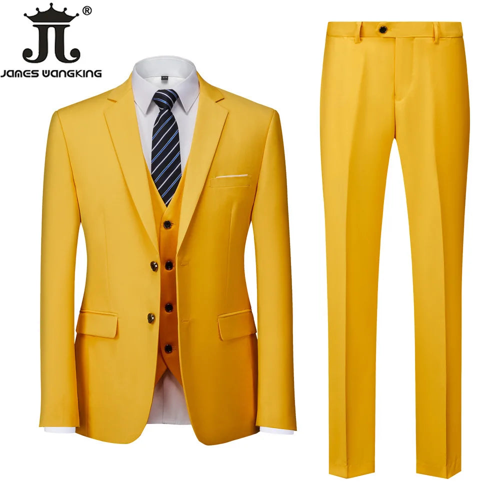 Jacket + Vest + Pants  Boutique Solid Color Men's Official Business Suit Bride's Wedding Dress Party Male Suit