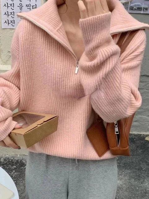 Fashion Women's Turtleneck Zippers Solid Loose Women Sweaters Pullover Long Sleeve Casual Knitted Sweater Woman