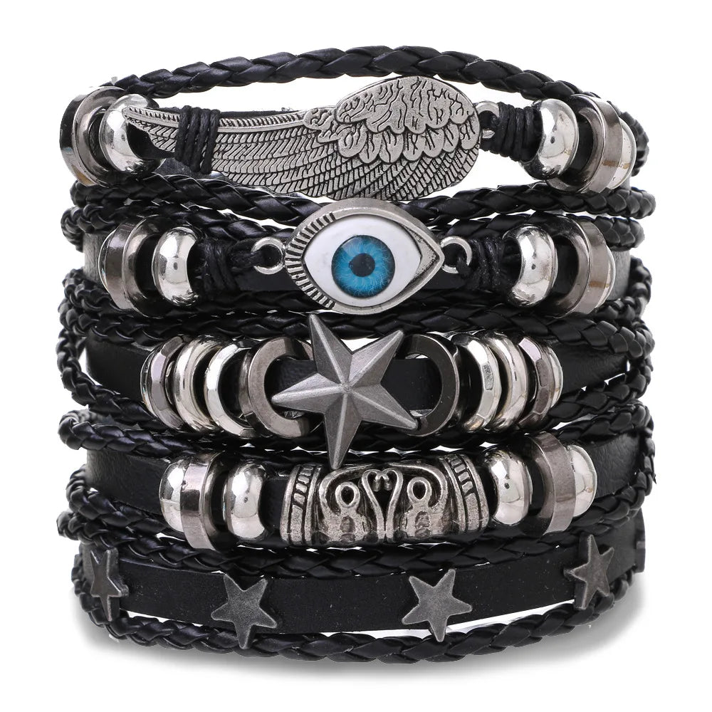 1 Fashion Bracelet Viking Bracelet For Men Hand Bracelets Woven Skull Hand Jewelry Adjustable Leather Set Bracelet