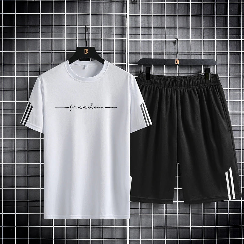 【 M-5XL 】 Summer men's set quick drying breathable mesh short sleeved T-shirt and shorts two-piece running sports set