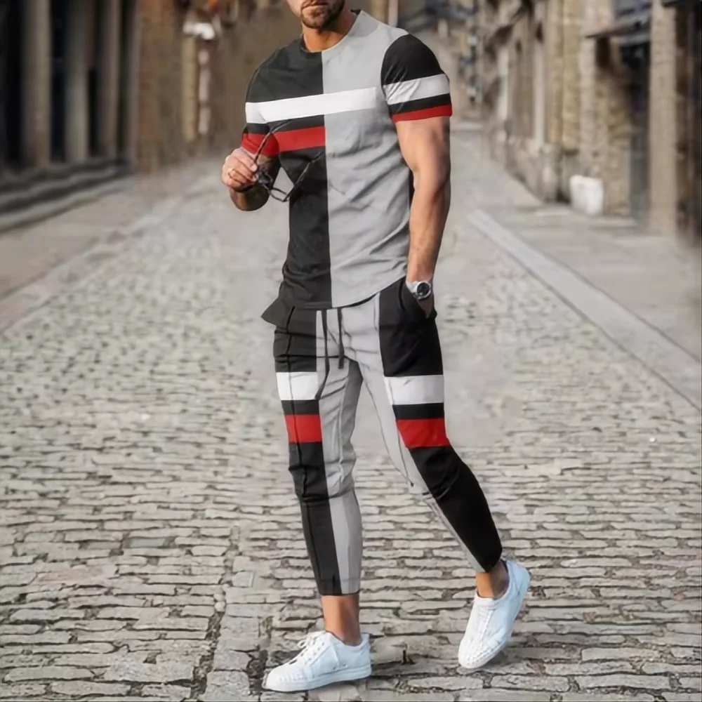 Fashion Men's T-shirt suit sportswear 3D printed sportswear  short sleeved T-shirt long pants  street wear 2-piece set