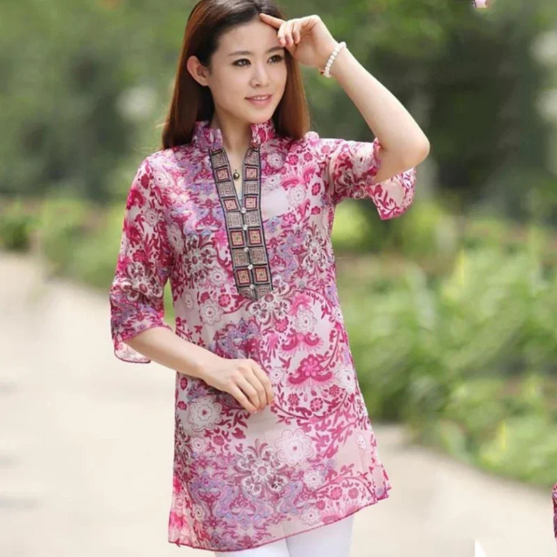 Long Chiffon Printing Flare Sleeve Floral Blouse