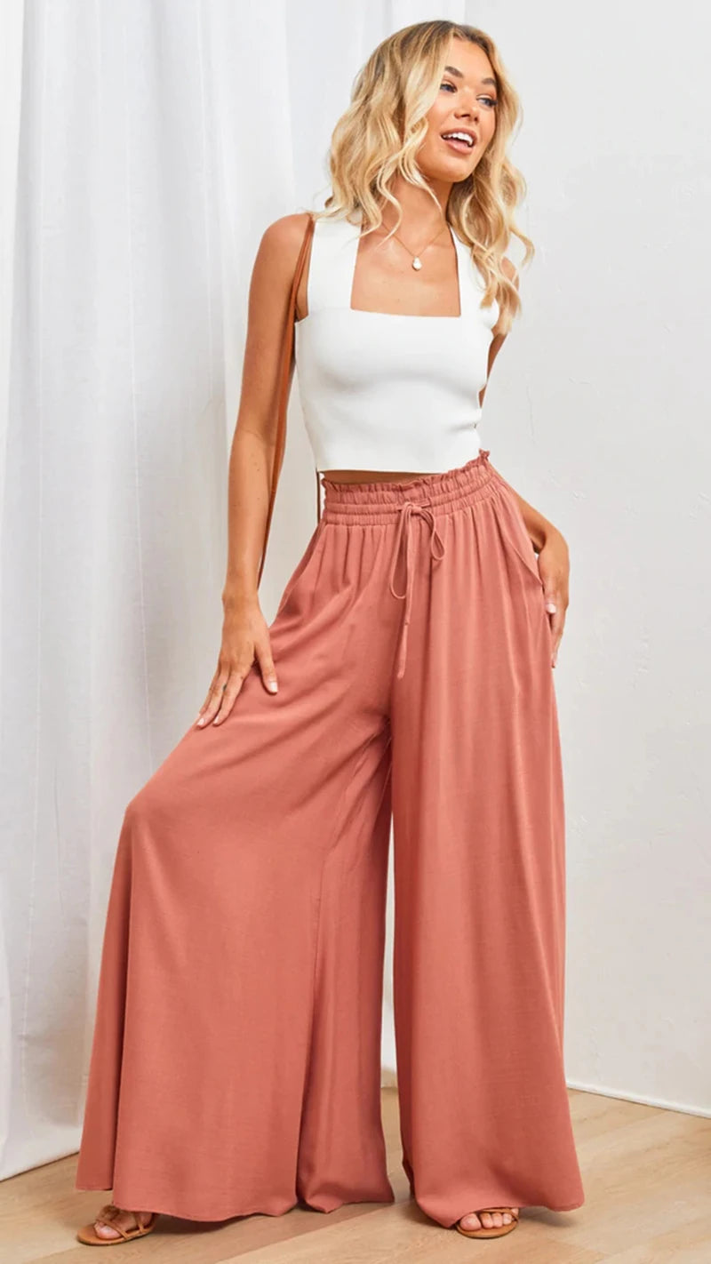 Summer Women's Wide  Leg Pants With Elastic Waistband Palazzo style pants
