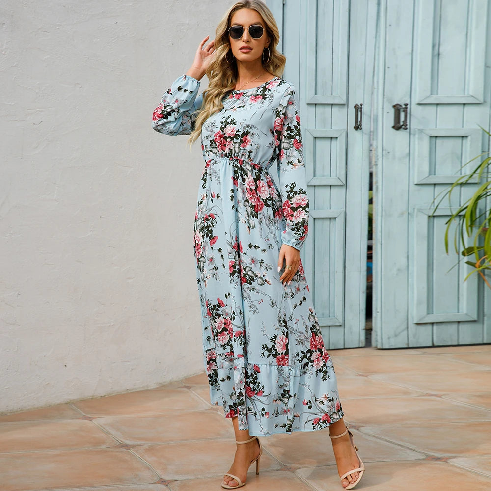 Bohemian Women's Maxi Dress Casual Long Sleeve High Waist Beach Woman Chiffon Dresses Floral