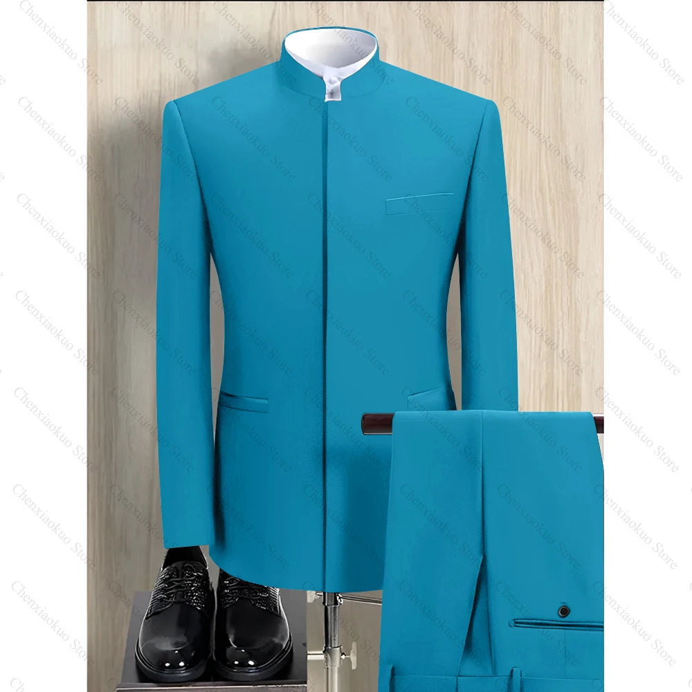 Fashion Solid Men Suits 2 Piece Stand Collar Long Sleeves Formal Outfits Chic Business Casual Wedding Tuxedo (Blazer+Pants)