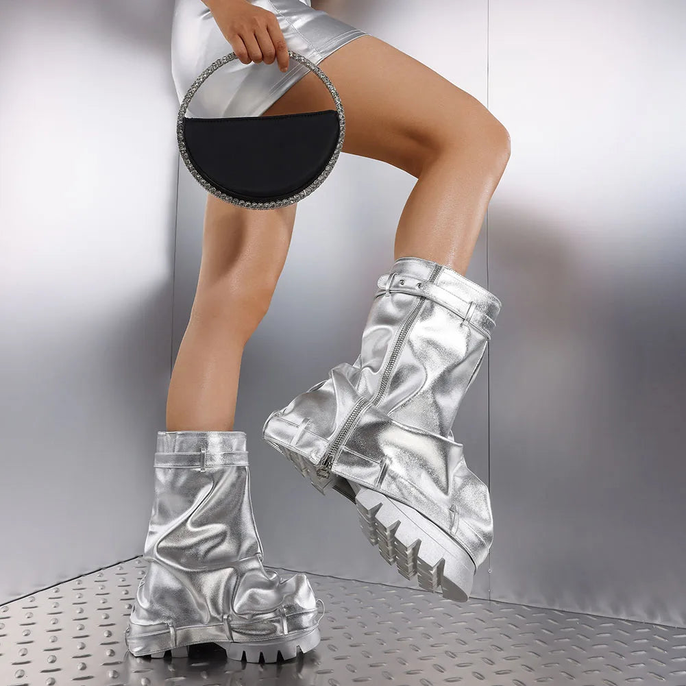 Slouchy Boots Wide Calf Pleated Platform Glitter Metallic Silver Chunky Heel Stacked Pull On Mid Calf