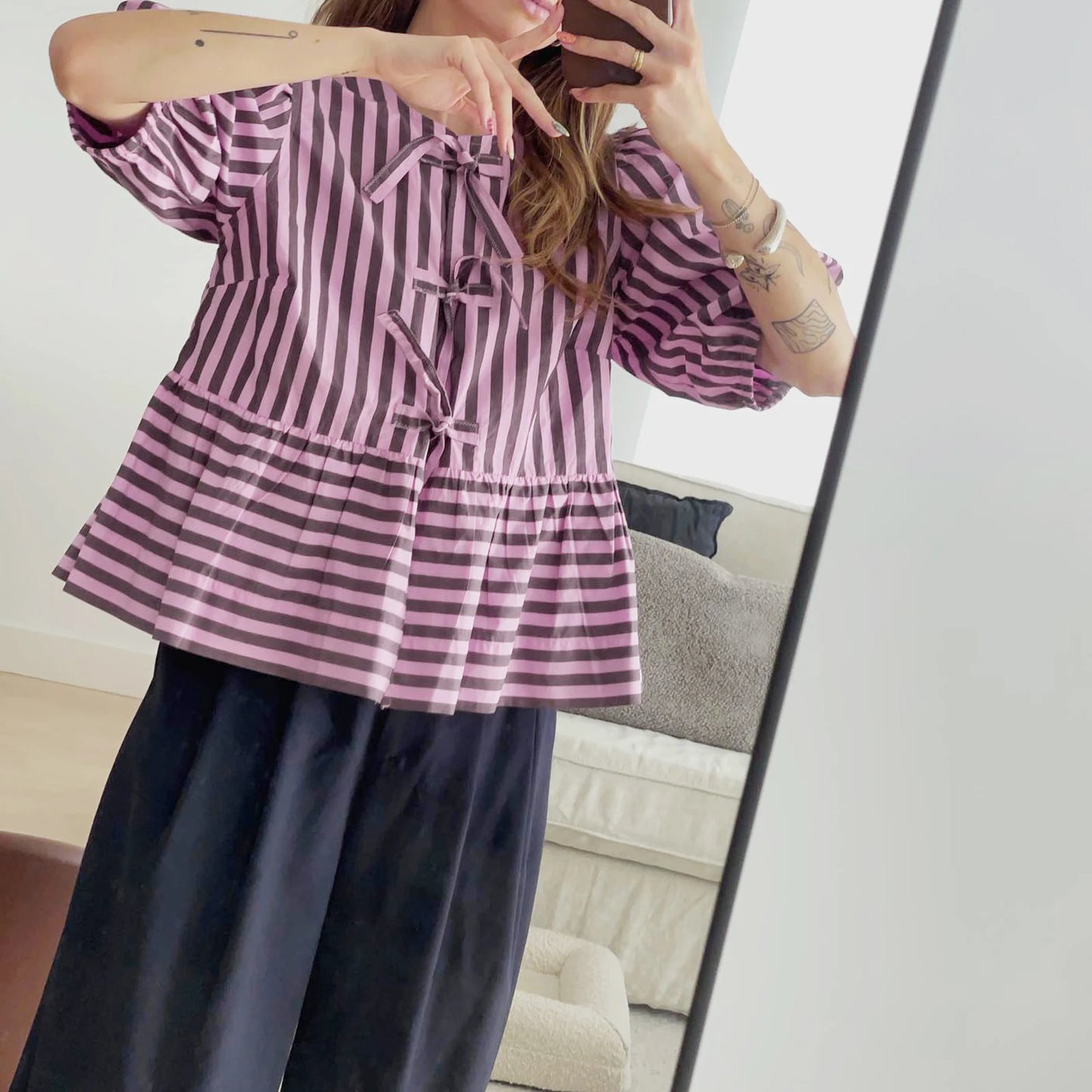 Fashion Women Peplum Shirt Puff Short Sleeve Lace Up Bow Blouse Tie Open Front