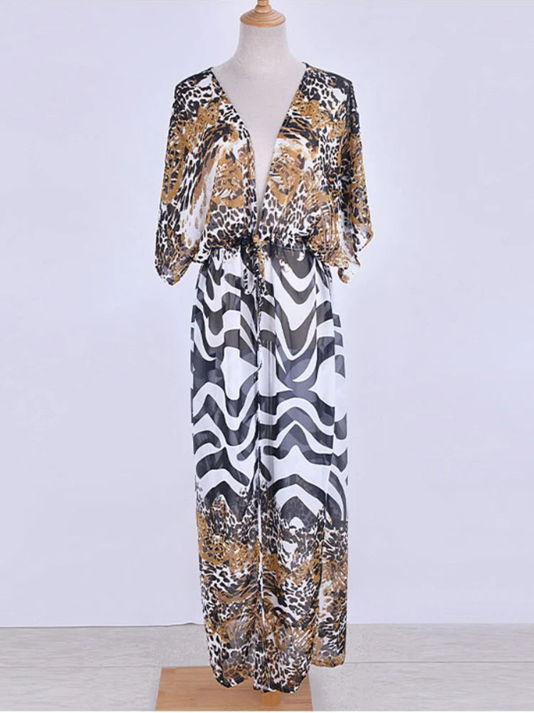 Bikini Cover Up Chiffon Beach Kimono Women Leopard Printed Long Cape for Swimsuit Tunic Summer Beach Wear Factory Supply
