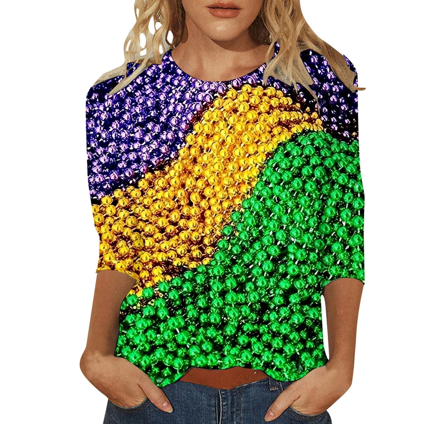 Carnival Printed Women Casual T-Shirts Spring Summer 3/4 Sleeve Round Neck Mardi Gras Clothing Plus Size Festival Party Tees Top