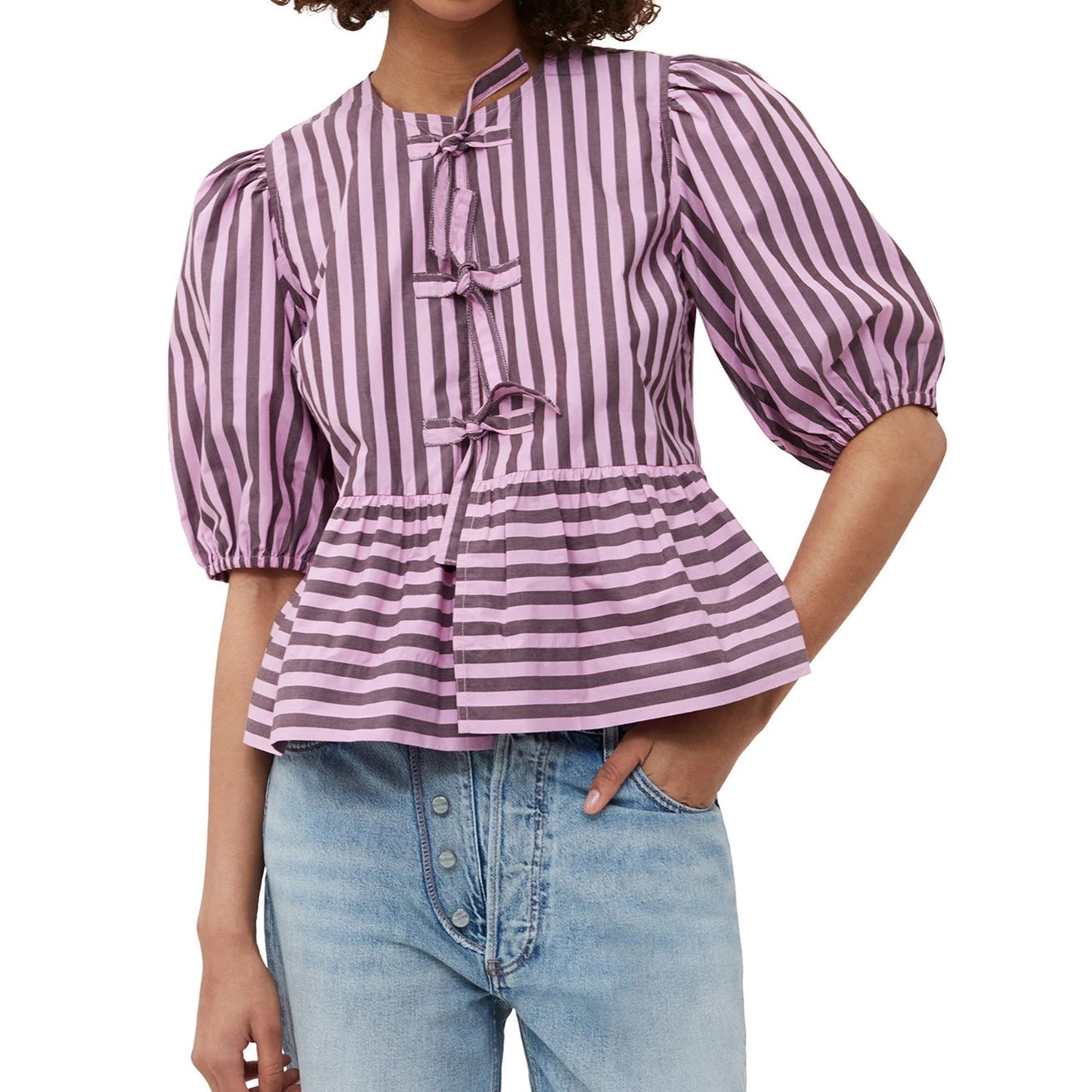 Fashion Women Peplum Shirt Puff Short Sleeve Lace Up Bow Blouse Tie Open Front