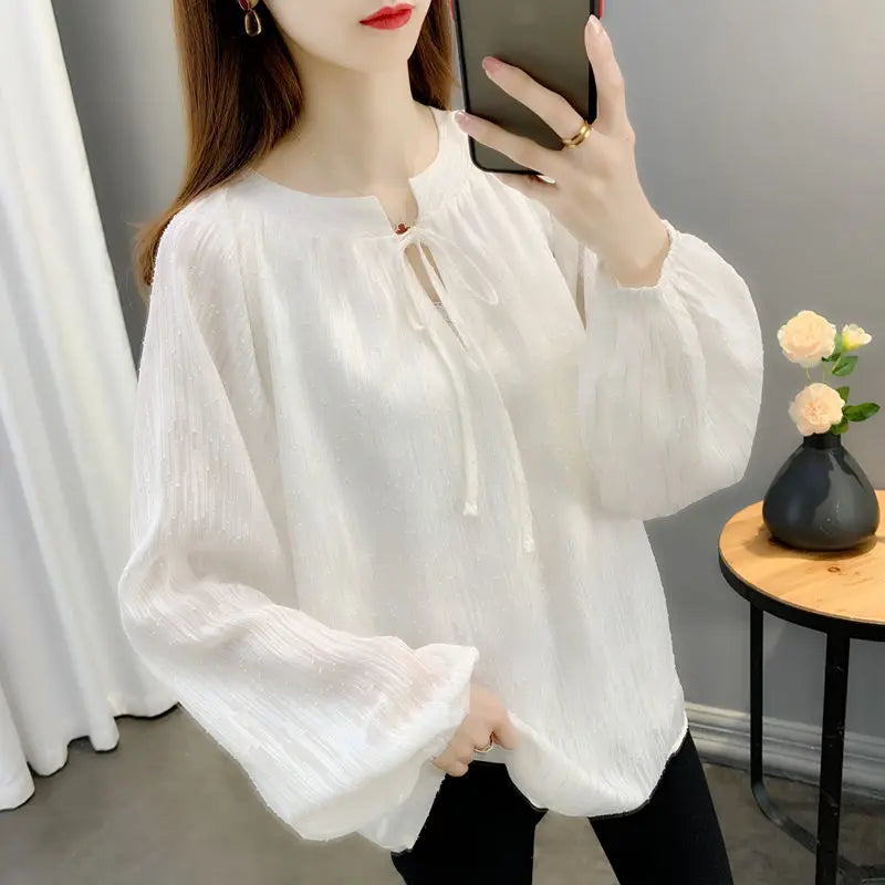 Stylish Solid Color O-Neck All-match Lace Up Chiffon Blouse