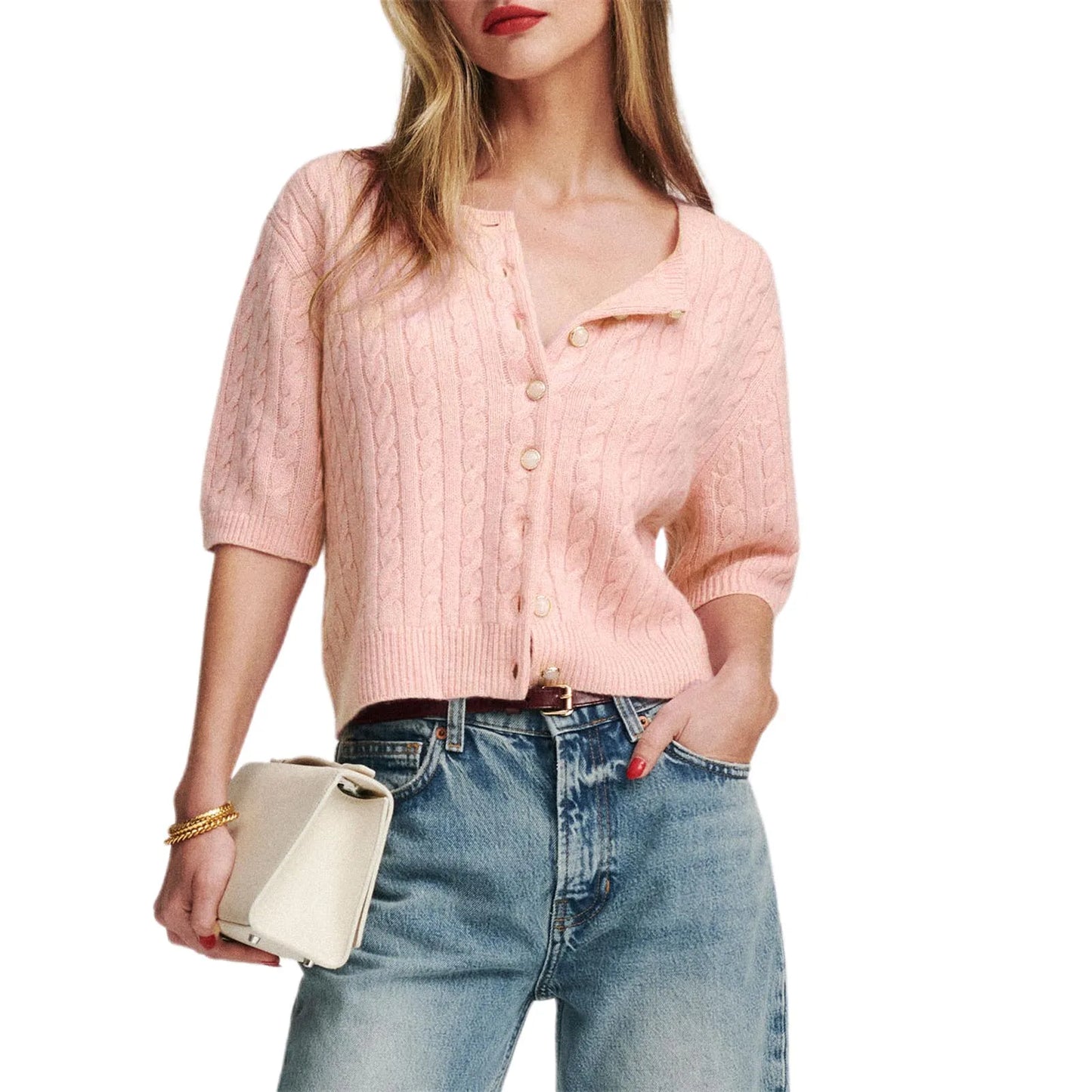 Elegant Women's Cashmere Cardigan with V-Neckline and Ribbed Trim Lightweight Button Down Short Sleeve Sweater