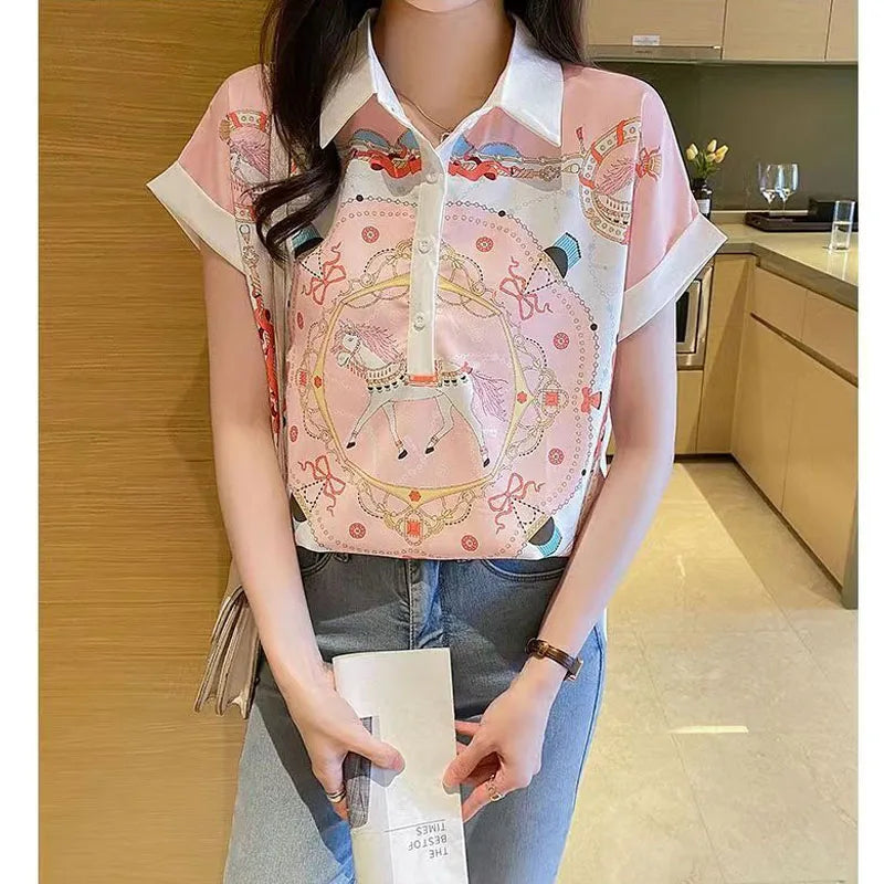 Casual Printed Polo-Neck Chiffon Blouse  Short Sleeve