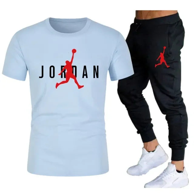 Summer Men's Tracksuit Suit Brand Short Sleeve T-Shirt + Trousers 2-Piece Sets Fitness Jogging Sports Pants Sportswear Suit