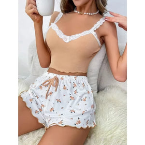 Women 2pc Pajama Set Pink Lace Patchwork V-Neck Sleepwear Sexy Nighties Suit Cami Top Printed Shorts