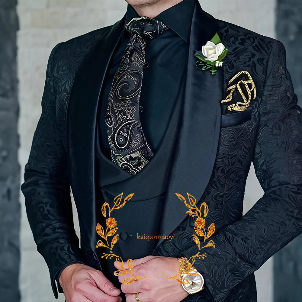 Jacquard Elegant Men's 3 Piece Suit Set Wedding Groom Tuxedo Jacket Pants Vest Formal Party Dress