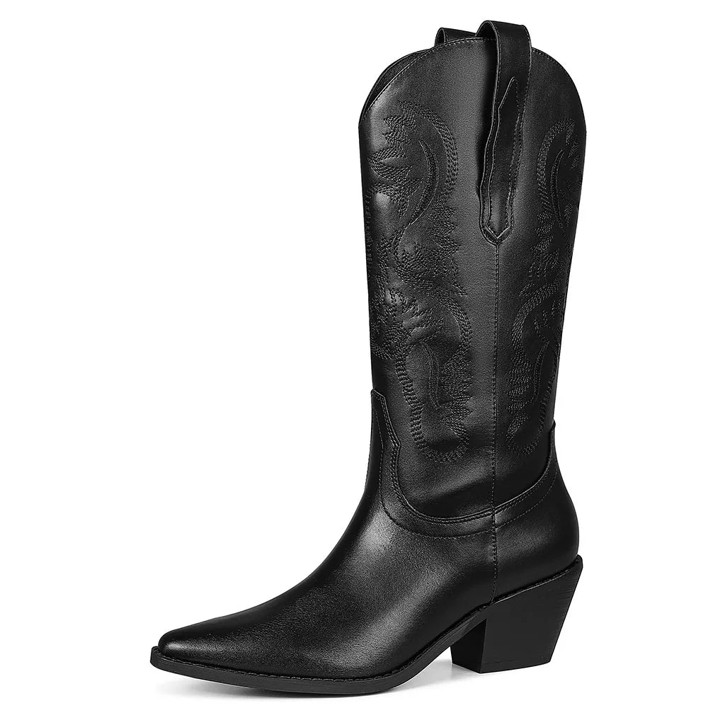 Embroidered Mid-Calf Western Boots Block High Heel Pointed Toe Pull-On Shoes