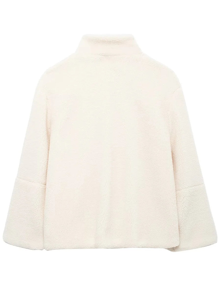 Warm Fleece Coat Casual Thick Stand Collar Long Sleeve Zip Up Wool Jacket