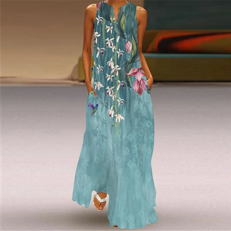 Vintage Print Maxi Dress For Women Summer Loose Sleeveless Long Dresses Elegant Lady V Neck Pocket Boho Beach Sundress Vestidos