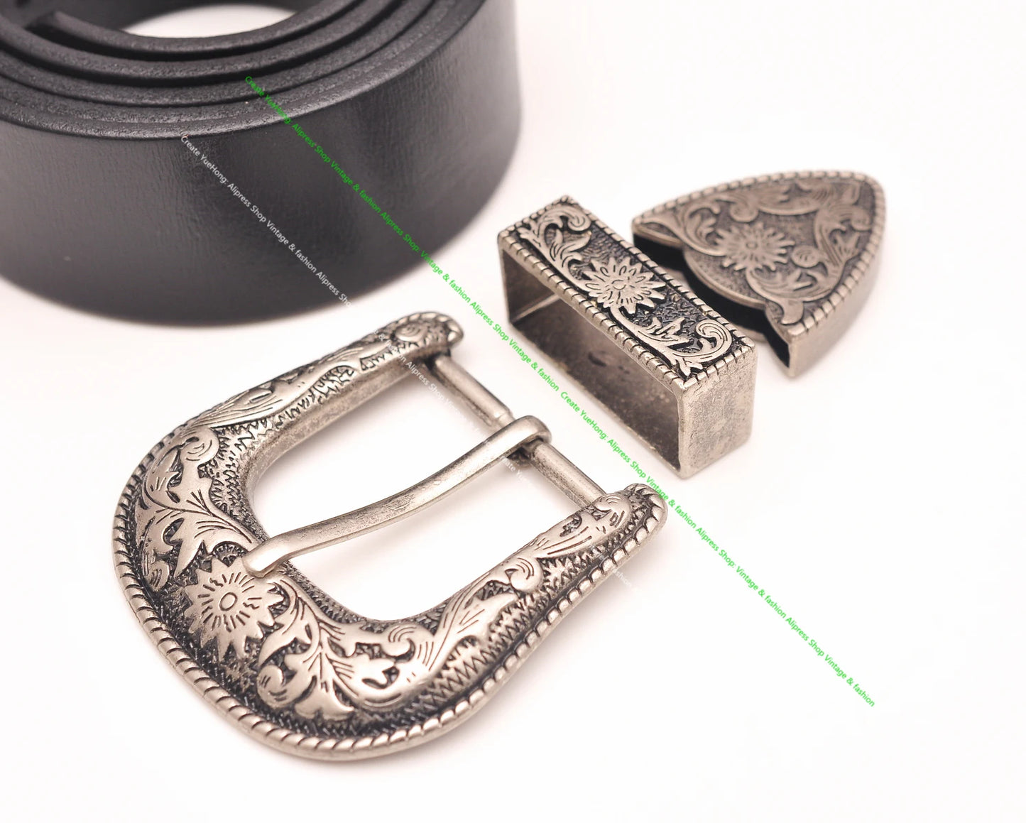 HEAVY DUTY COWBOY WESTERN FLORAL ENGRAVED ANTIQUE SILVER BELT BUCKLE SET 1-1/2"