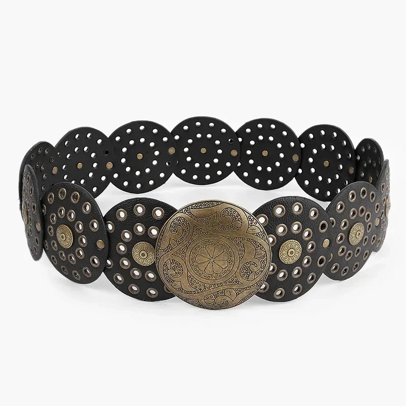 Vintage Rivet Patchwork Design Wide Belts For Women High Street Faux Leather Waistband