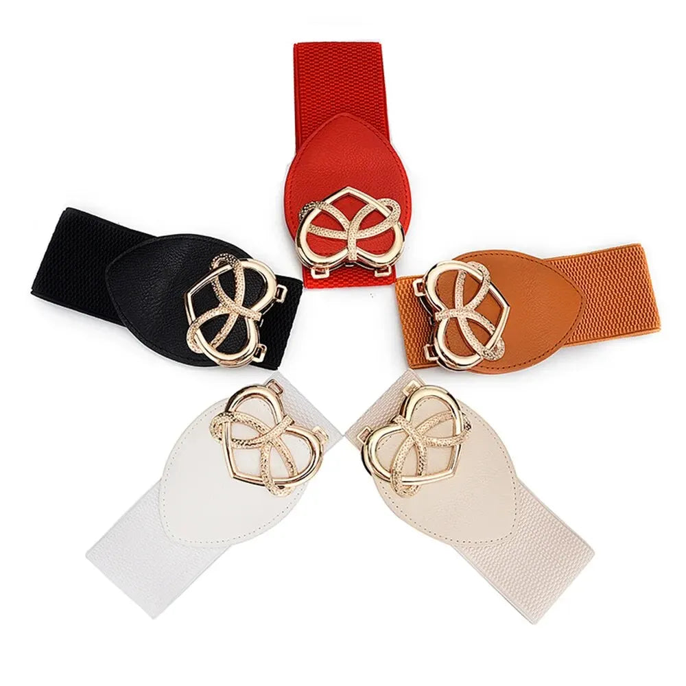 Women's Waist Cover Fashionable Golden Buckle Elastic Waist Closure With Double Hook Buckle Wide Belt