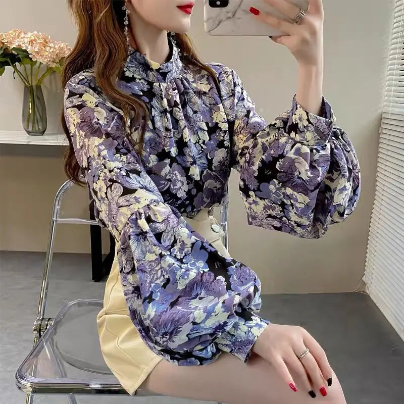 Floral Printed Lantern Sleeve Blouse Spring Autumn