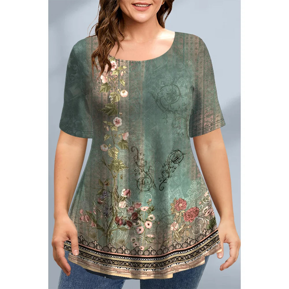 Women's T-Shirts Spring Clothing Floral Graphic O-Neck Pullovers Short Sleeve Tops Streetwear Oversized Apparel Ladies