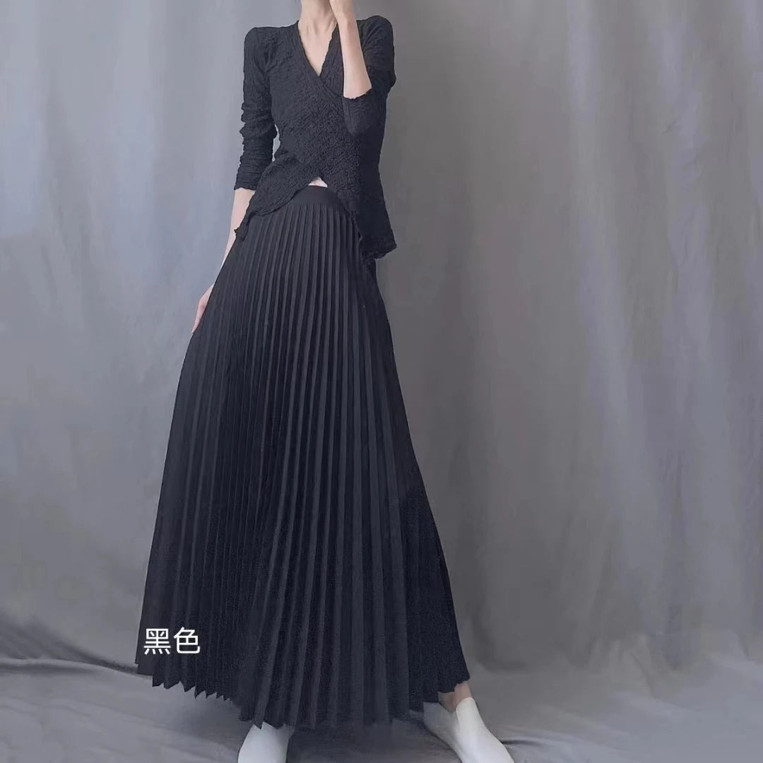 Elegant Pleated Skirt High Waist Women's Long Skirt Ladies High Quality Midi Skirt