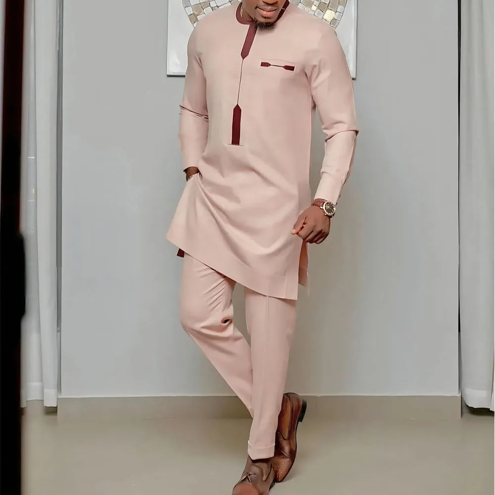 Men's  Wedding 2-Piece Suit Waist Pants Shirt Solid Color Panel Long Sleeve Party African Ethnic Style Clothing