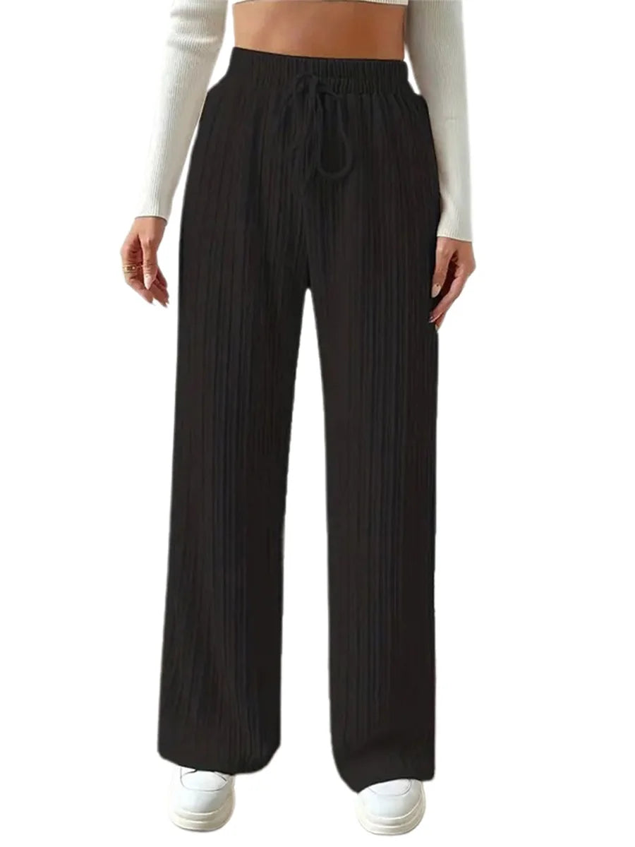 Elegant Ribbed Knit Palazzo Pants with Chic Drawstring High Waistband Comfy Wide Leg Trousers for Women s Casual Wear