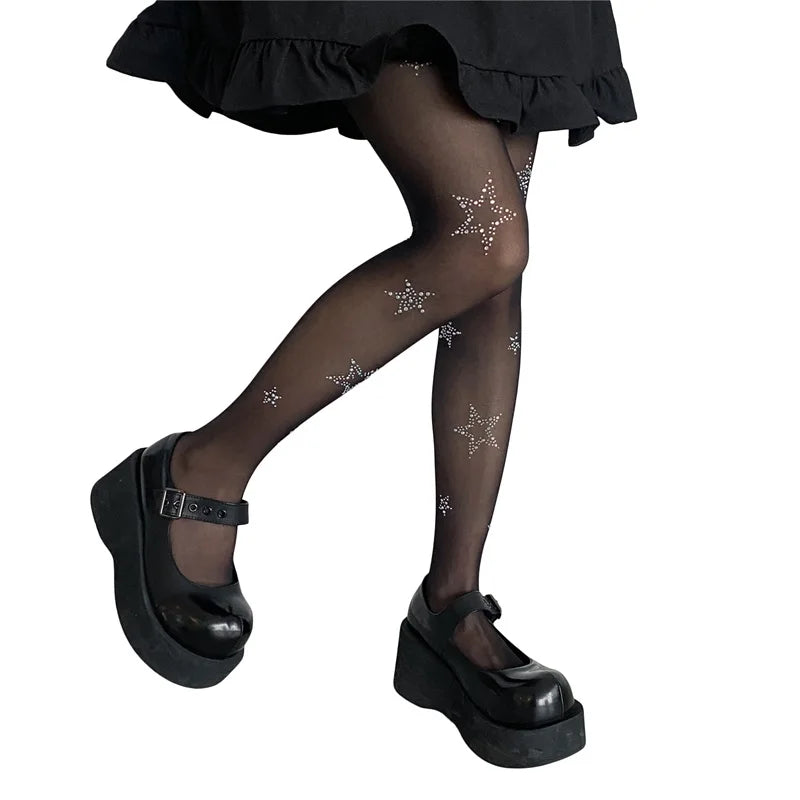 Rhinestone Embellished High Waist Sheer Mesh Tights with Soft Silk Stockings for a Glamorous Look
