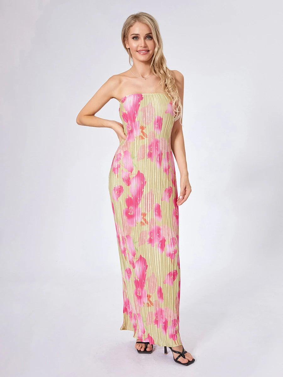 Floral Print Maxi Dress with Off Shoulder Design and Sleeveless Silhouette