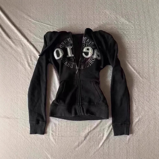 Retro Jacket Retro Design Black Hoodie Women's Casual Hoodie Multifunctional Sweatshirt