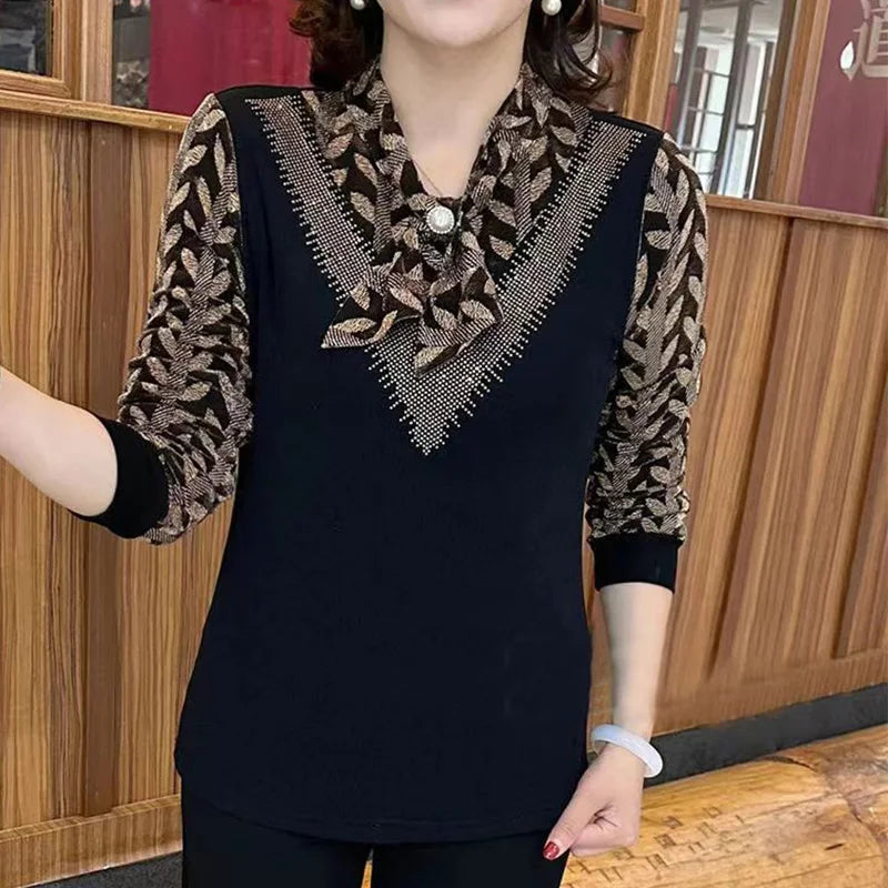 Loose Casual Office Retro BOW Chiffon V Neck Long Sleeve Chic Tops