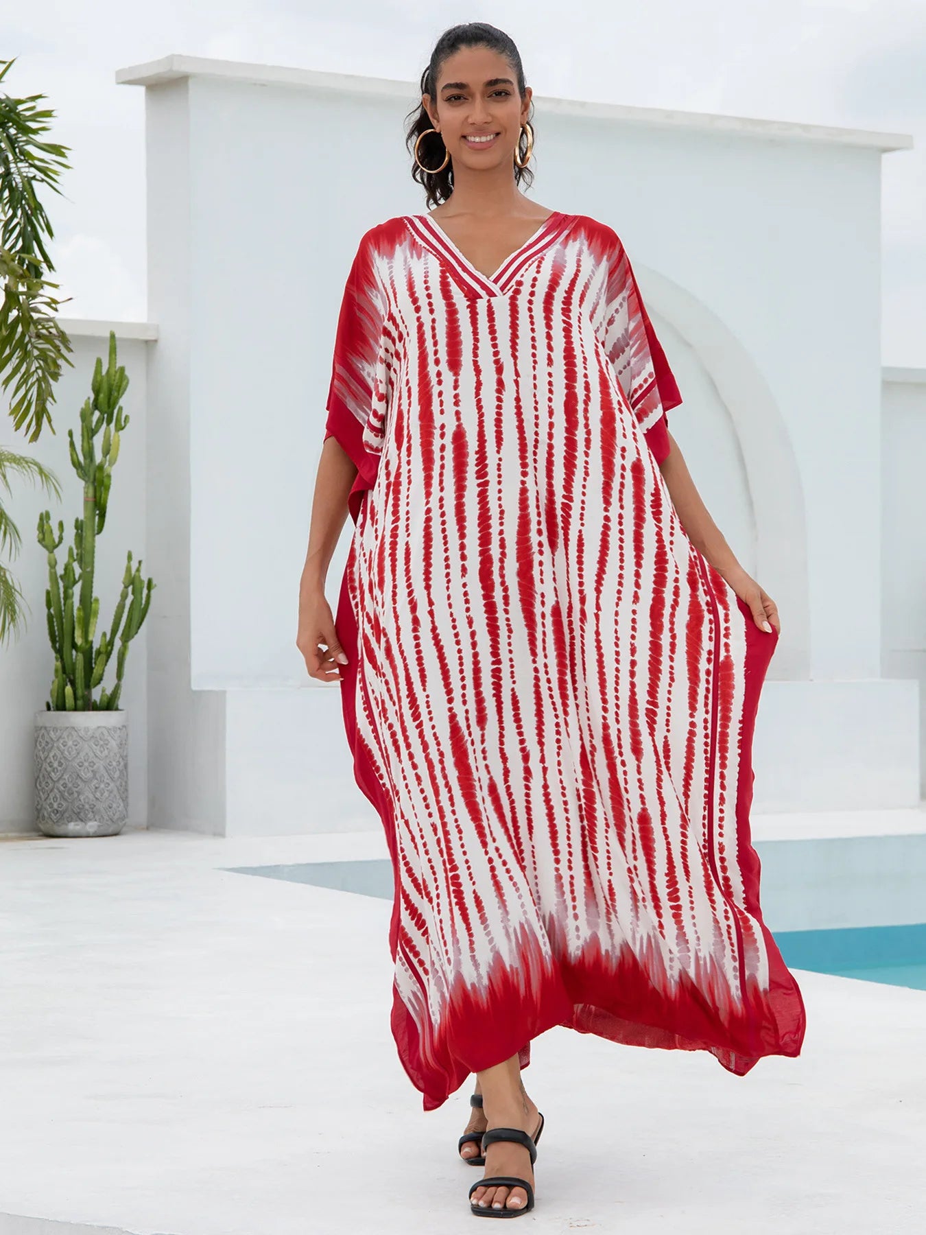 Red Stripe Women  Loose Fitting Long Robe Beach Vacation V-neck Sunscreen Clothing