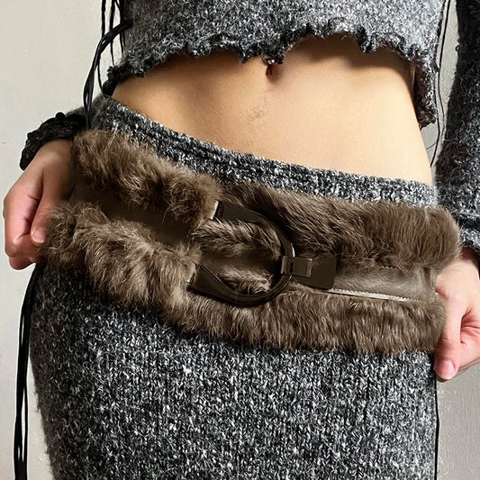 Faux Fur Patchwork Pu Leather Belt Vintage  Fashion Accessories Women's Skirts Decorative  Waistband