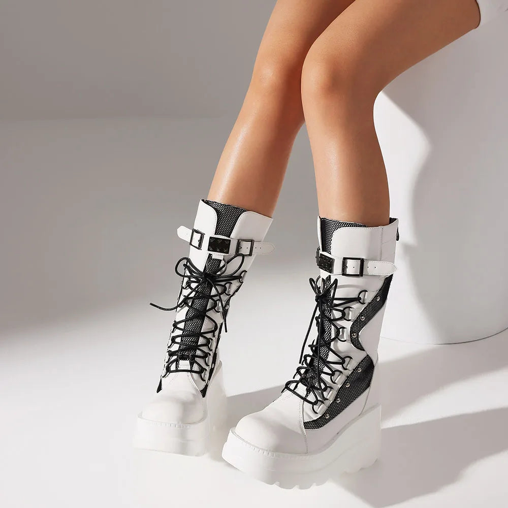 Combat Motorcycle Boots  High Platform Block High Heel Back Zipper Buckle Lace-Up Round Toe Punk Mid-Calf Boots