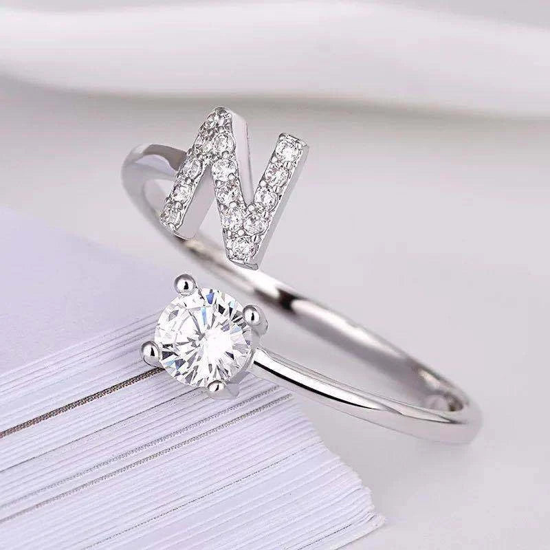 Shining Rhinestone 26 Letters Adjustable Rings  Initial A-Z Alphabet Opening Ring