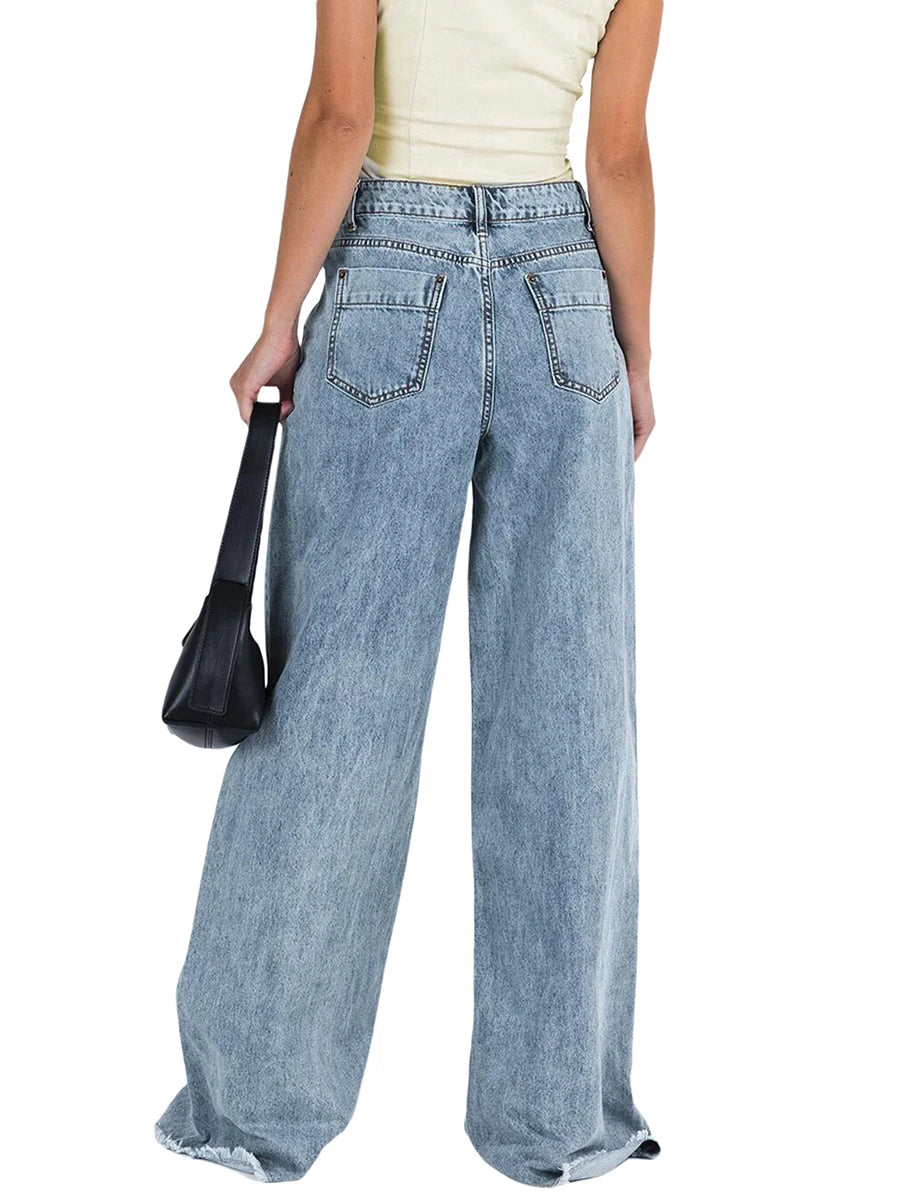 Women Wide Leg Jeans Trousers Solid Color Button Fly Casual Loose Pants for Work Office Streetwear